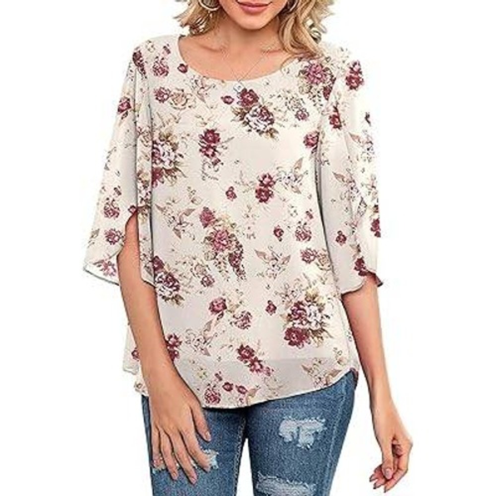 Cream Cottagecore chiffon  Red‎ Floral Feminine Boho NEINEIWU blouse Size S